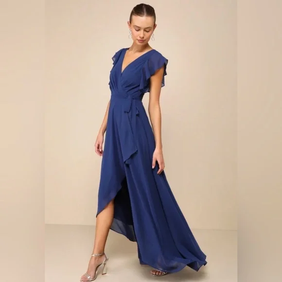 Lulu’s Ravishing Charm Dark Blue Ruffled Wrap High-Low Maxi Dress - Picture 4 of 15